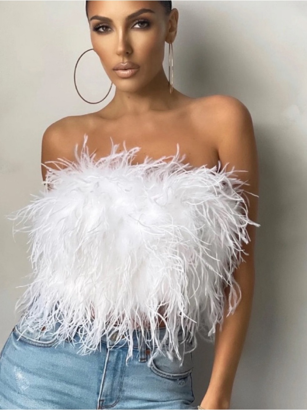 Club L London White Feather Bandeau Crop Top